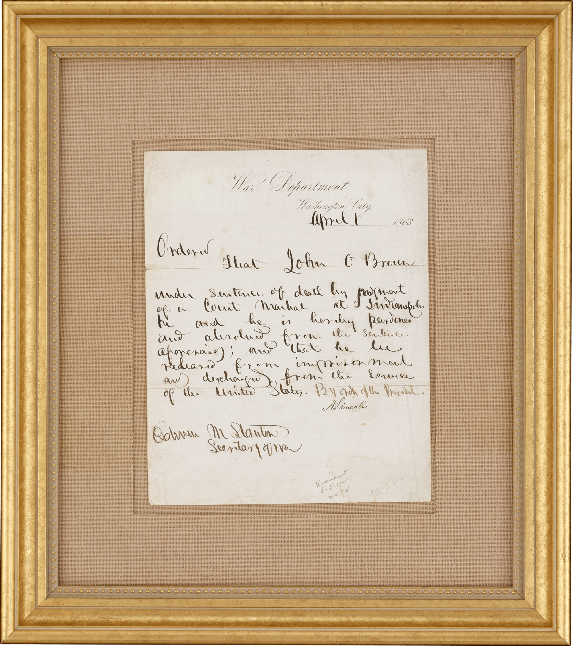 Civil War Letter of Pardon from Abraham Lincoln
