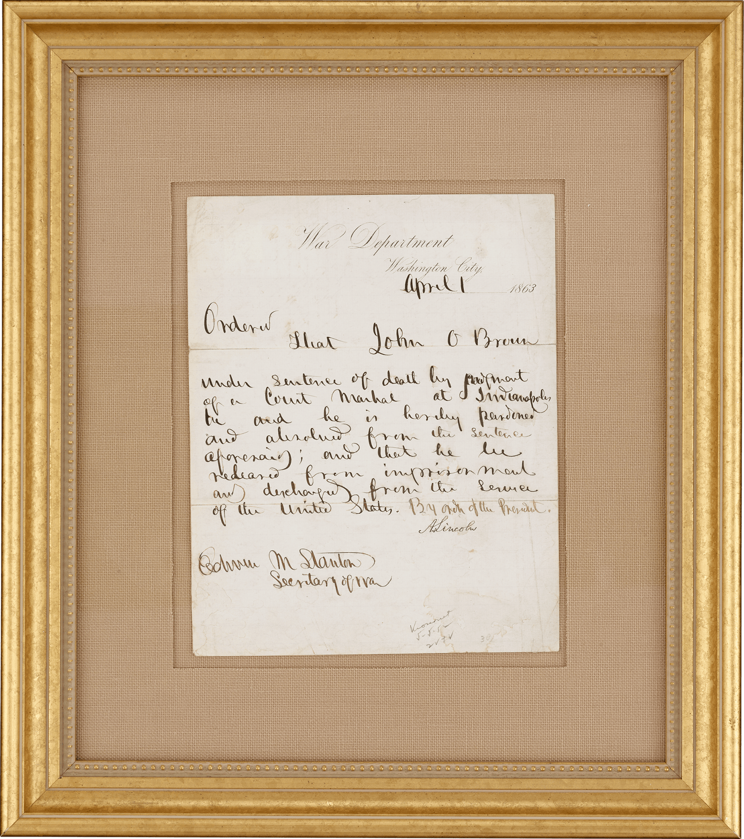 Civil War Letter of Pardon from Abraham Lincoln