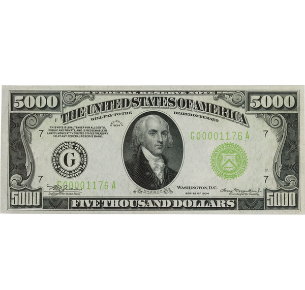 1934 $5,000 Federal Reserve Note, PMG Choice Uncirculated 64 EPQ