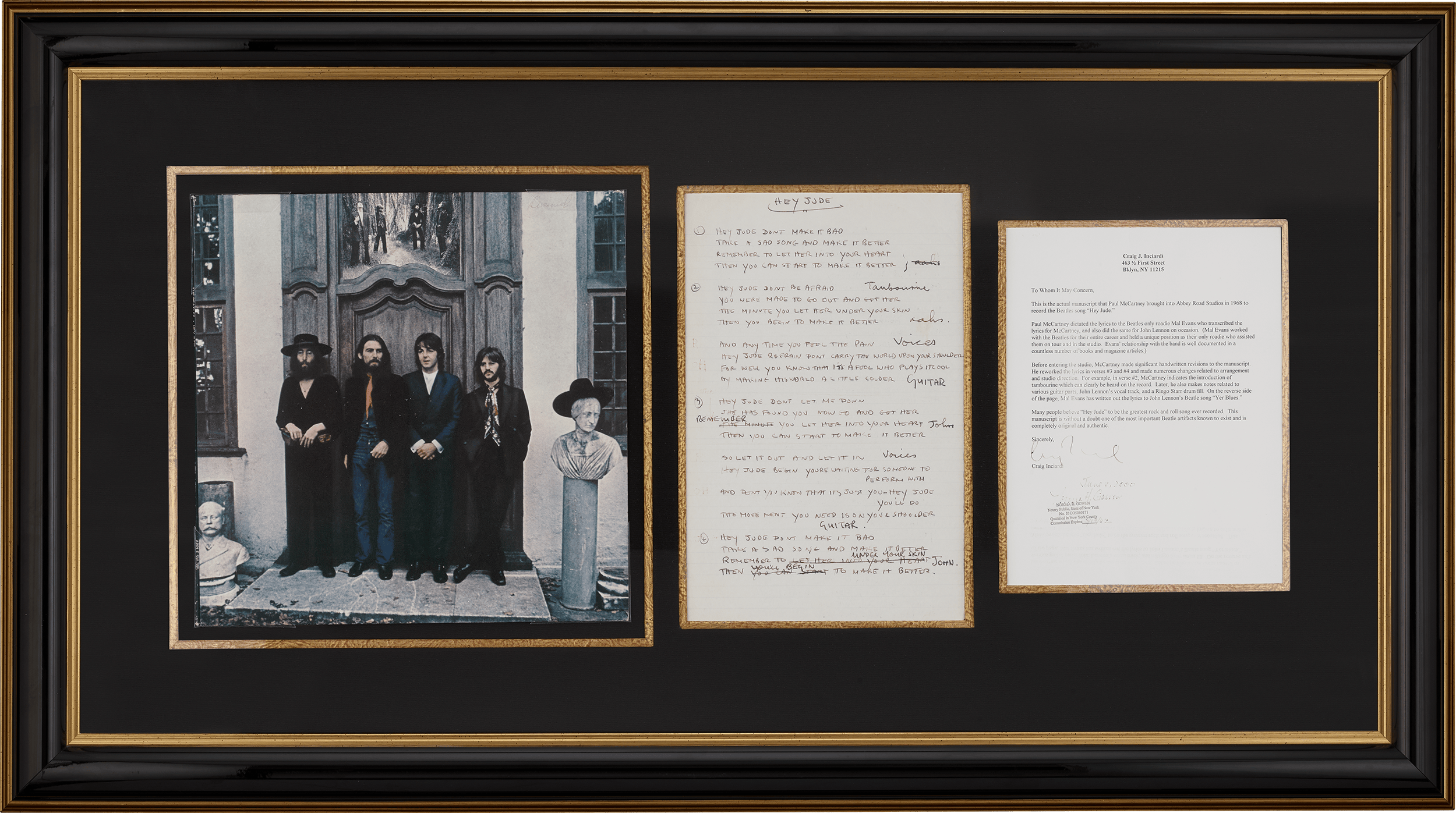 Paul McCartney’s “Hey Jude” Lyrics and Gold 45 Record Award
