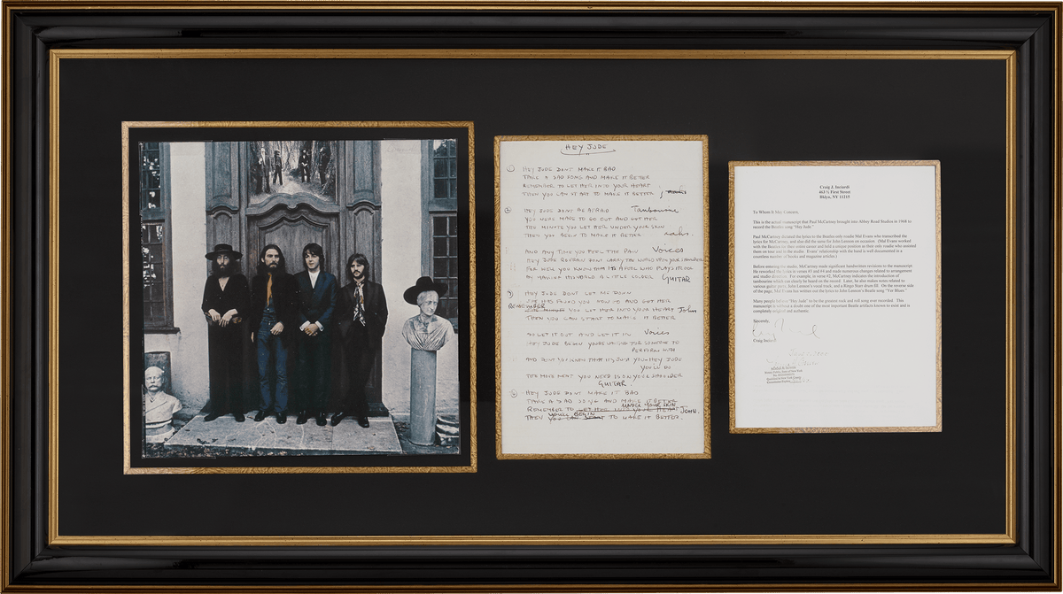 Paul McCartney’s “Hey Jude” Lyrics and Gold 45 Record Award