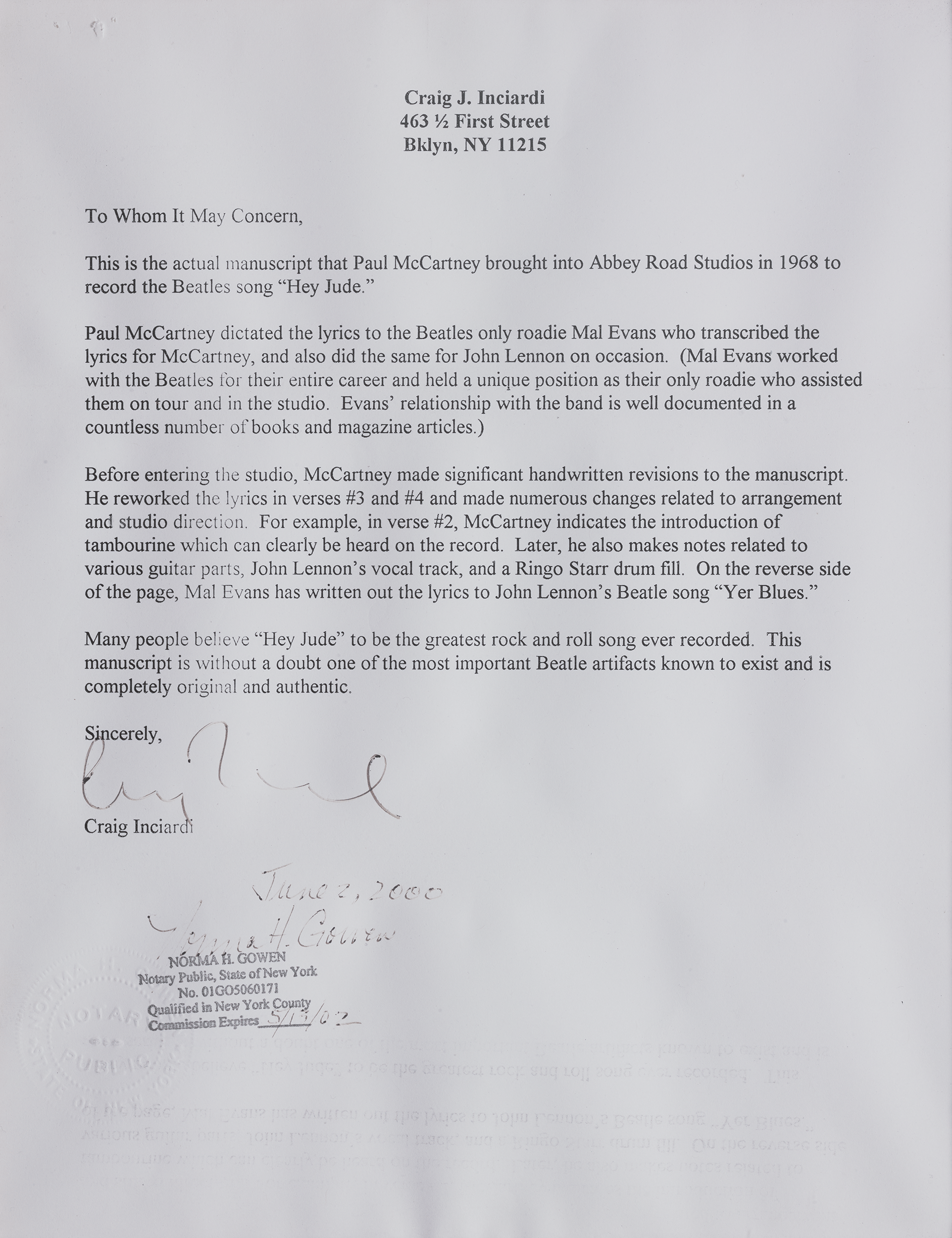 Paul McCartney’s “Hey Jude” Lyrics and Gold 45 Record Award