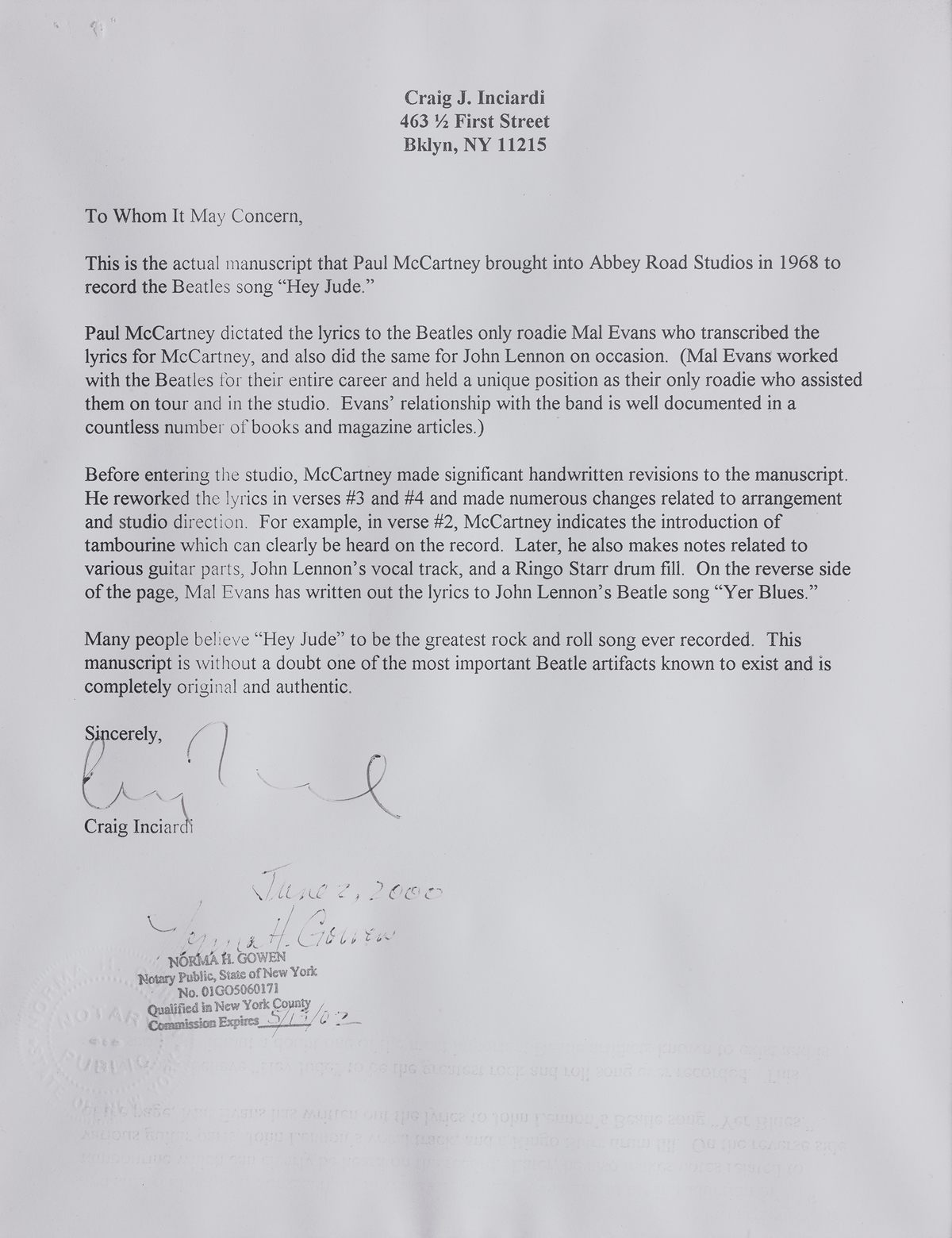 Paul McCartney’s “Hey Jude” Lyrics and Gold 45 Record Award