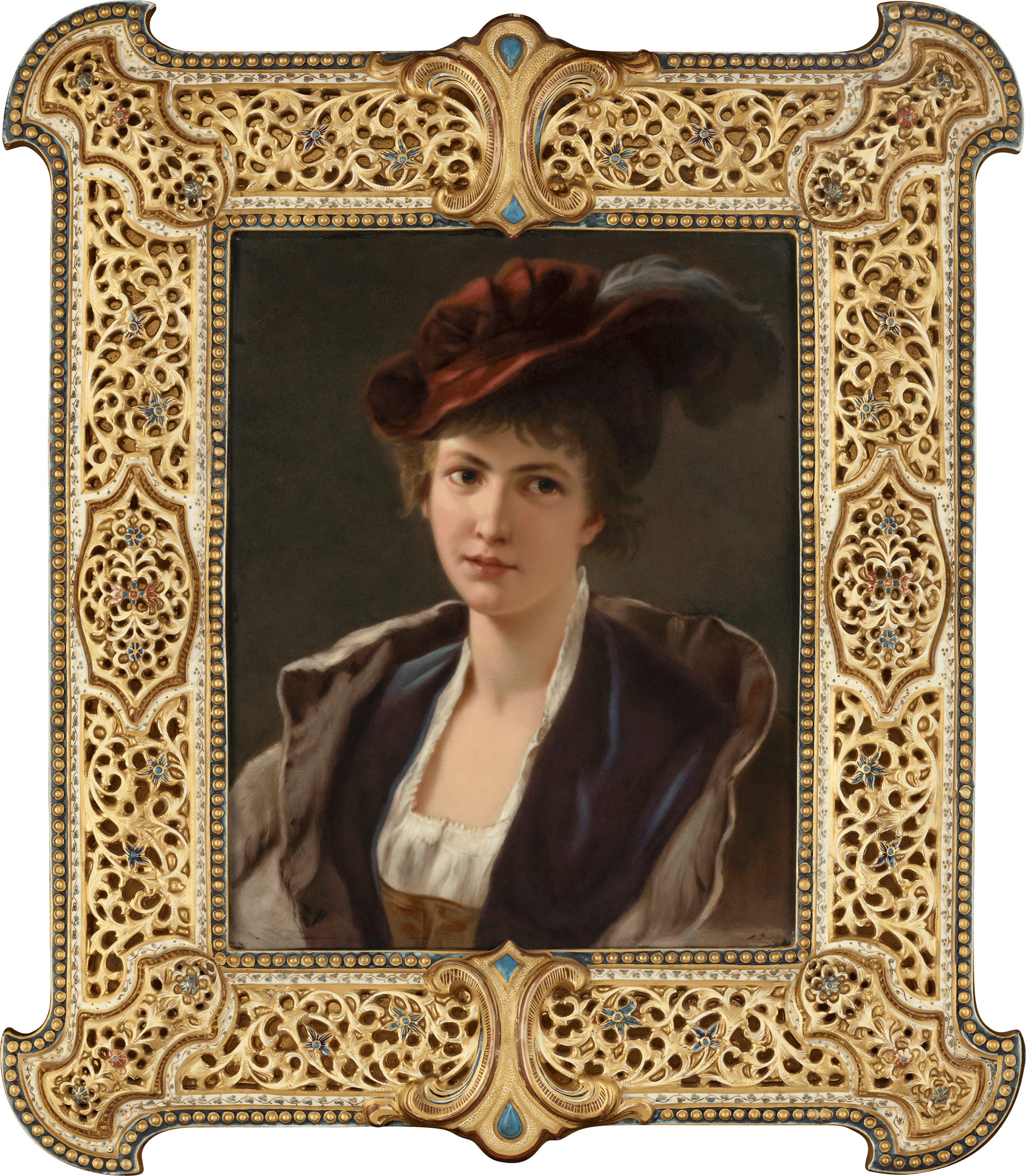 KPM Porcelain Plaque of a Woman in a Red Hat