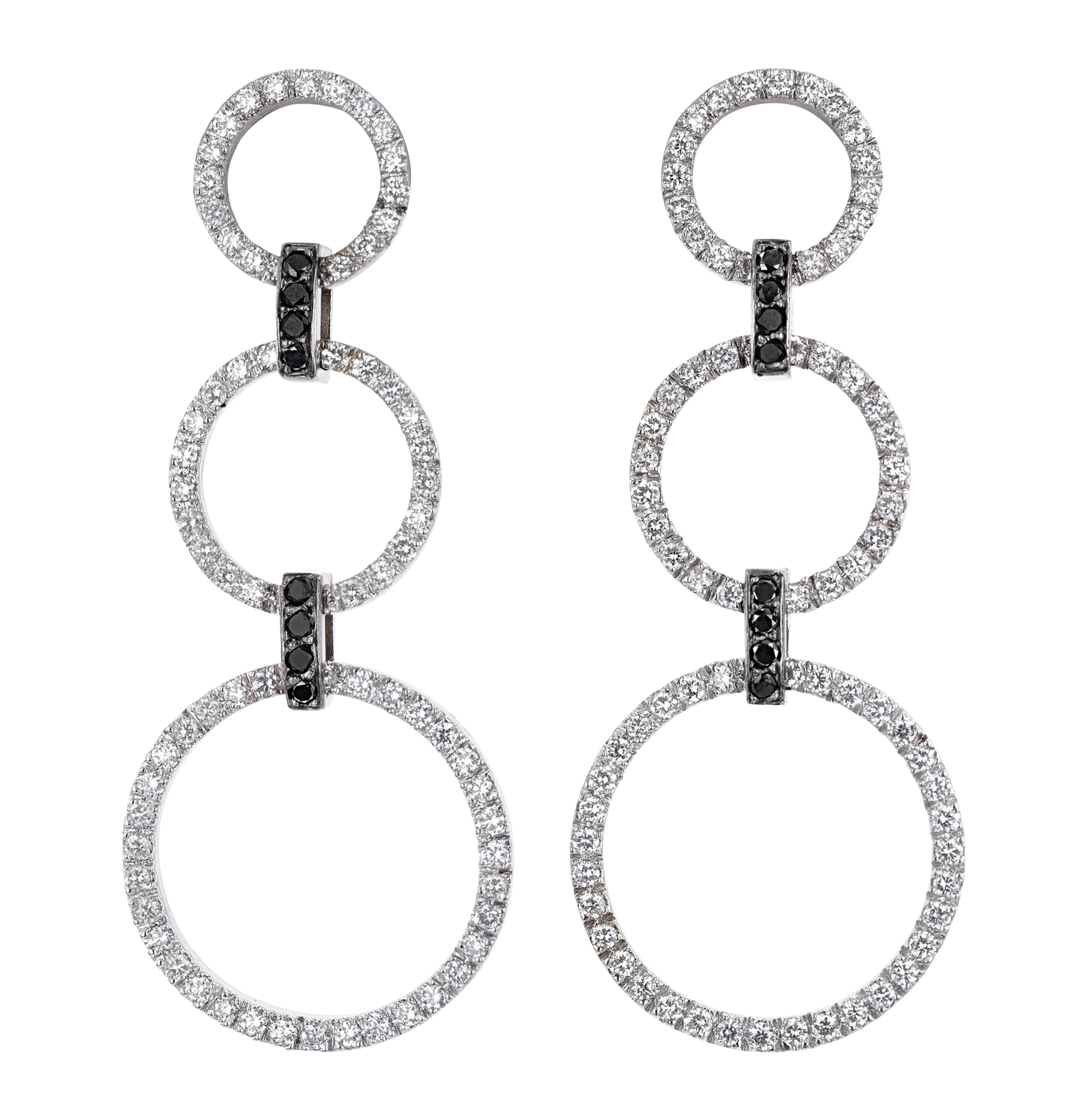 White and Black Diamond Hoop Dangle Earrings, 2 carats