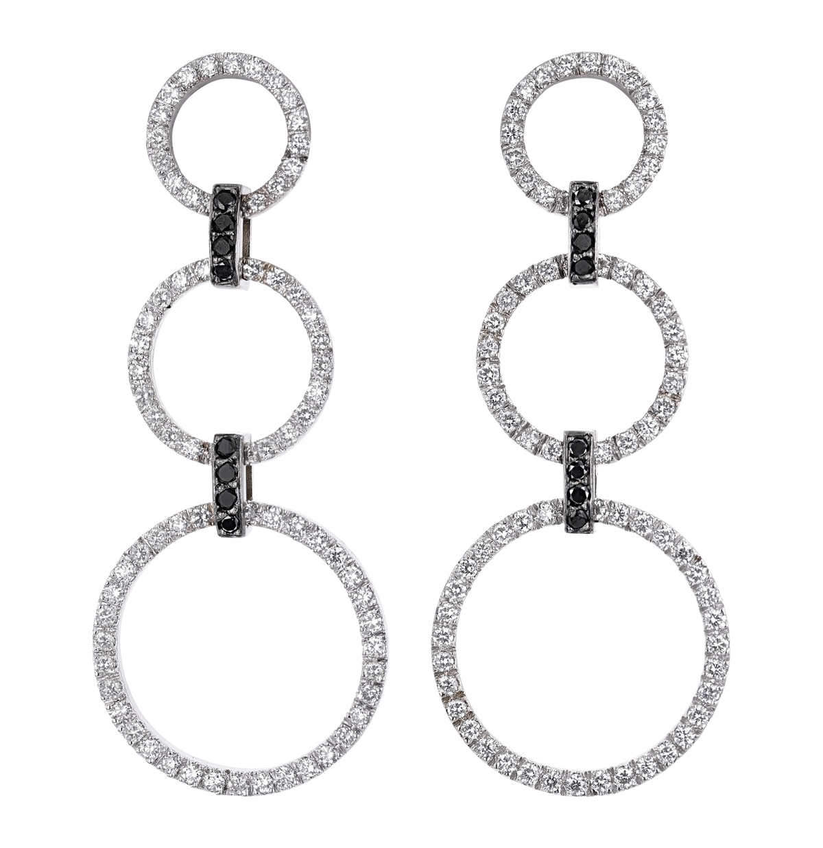 White and Black Diamond Hoop Dangle Earrings, 2 carats