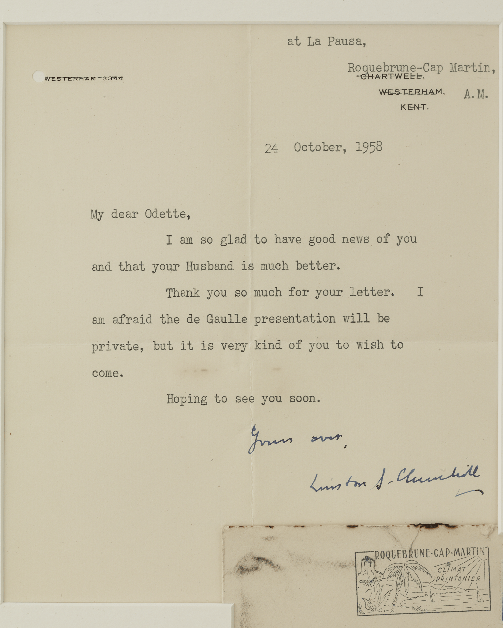 Winston Churchill De Gaulle Presentation Letter