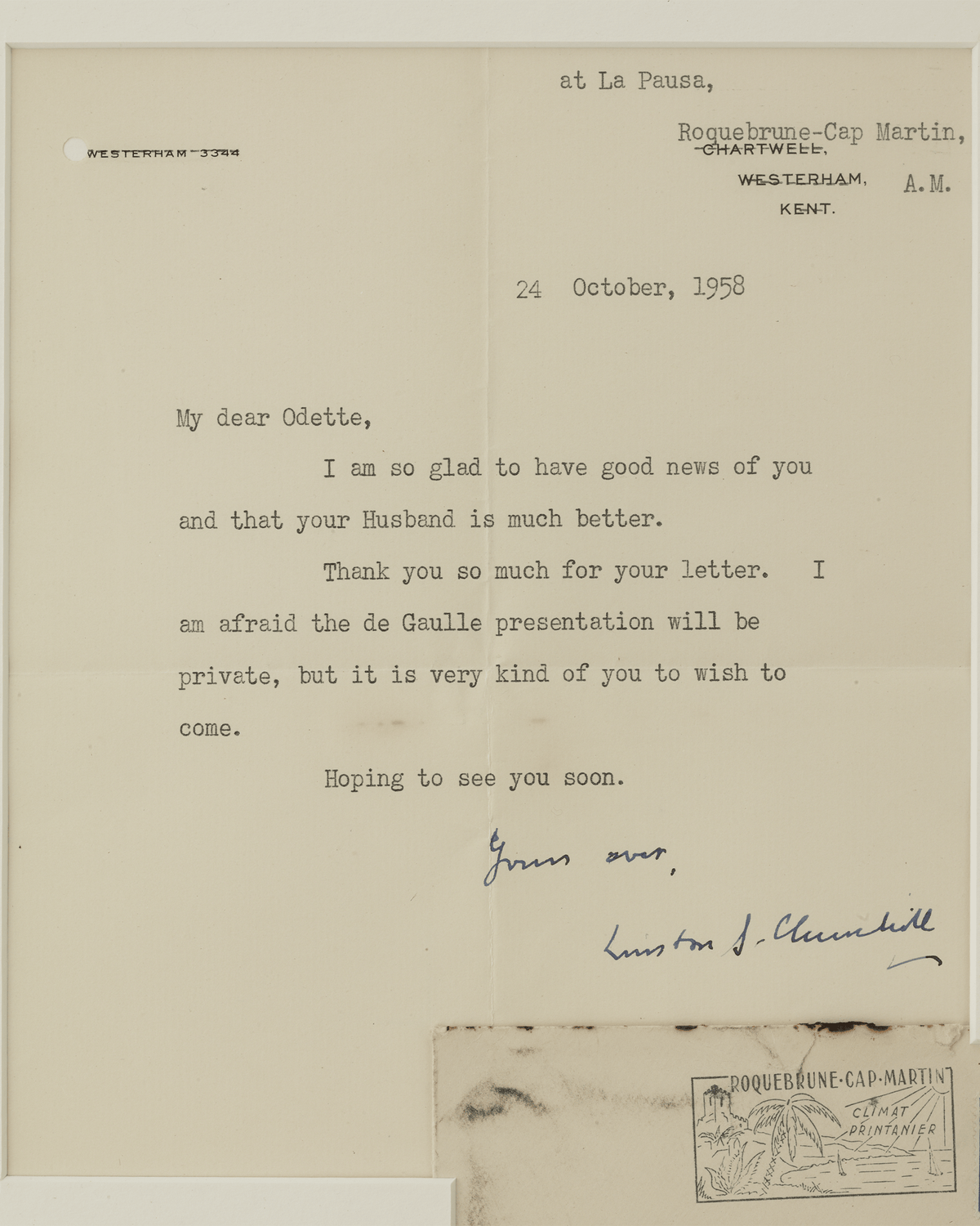 Winston Churchill De Gaulle Presentation Letter
