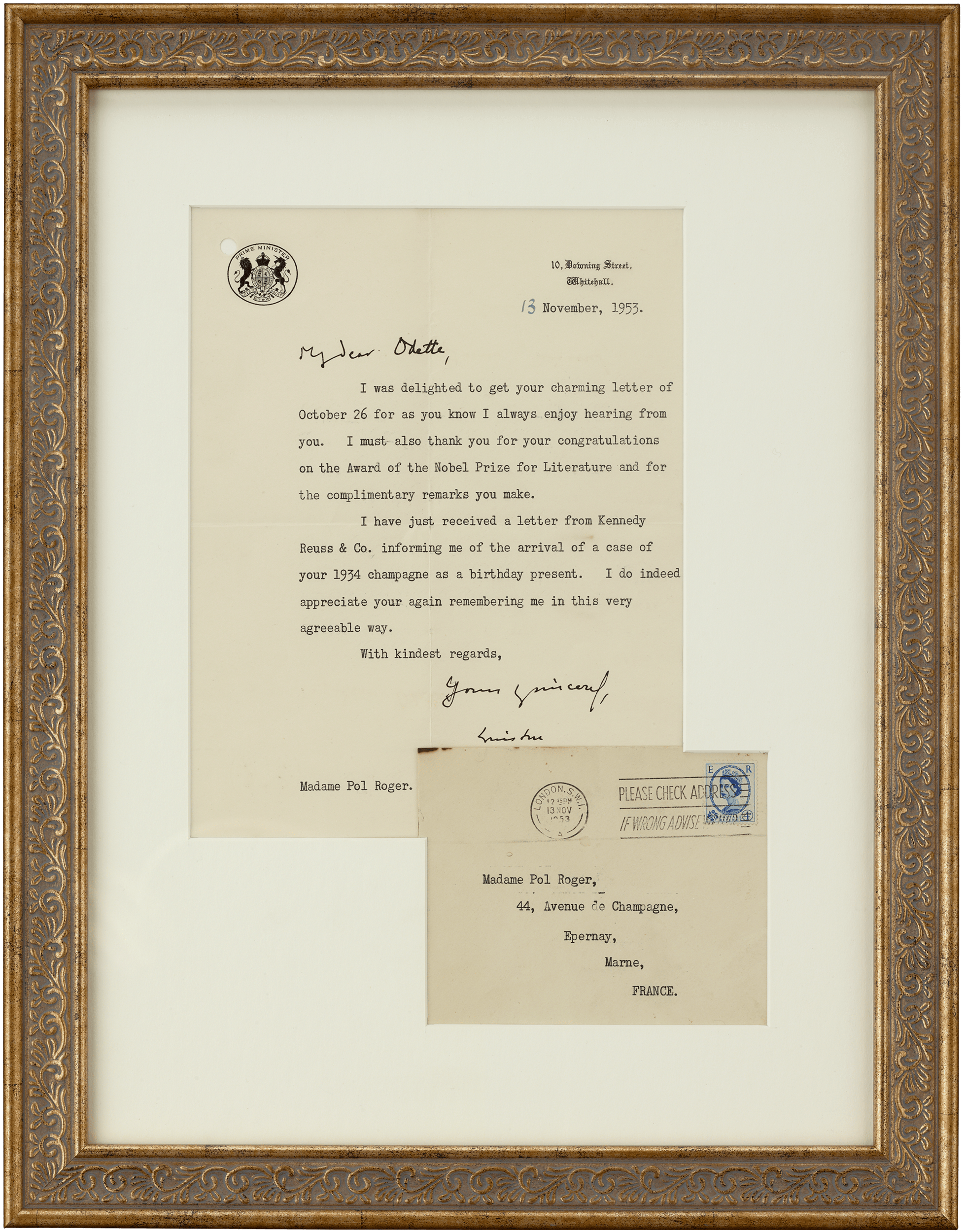 Winston Churchill Nobel Prize and Champagne Letter