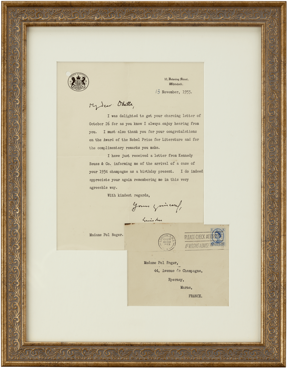 Winston Churchill Nobel Prize and Champagne Letter