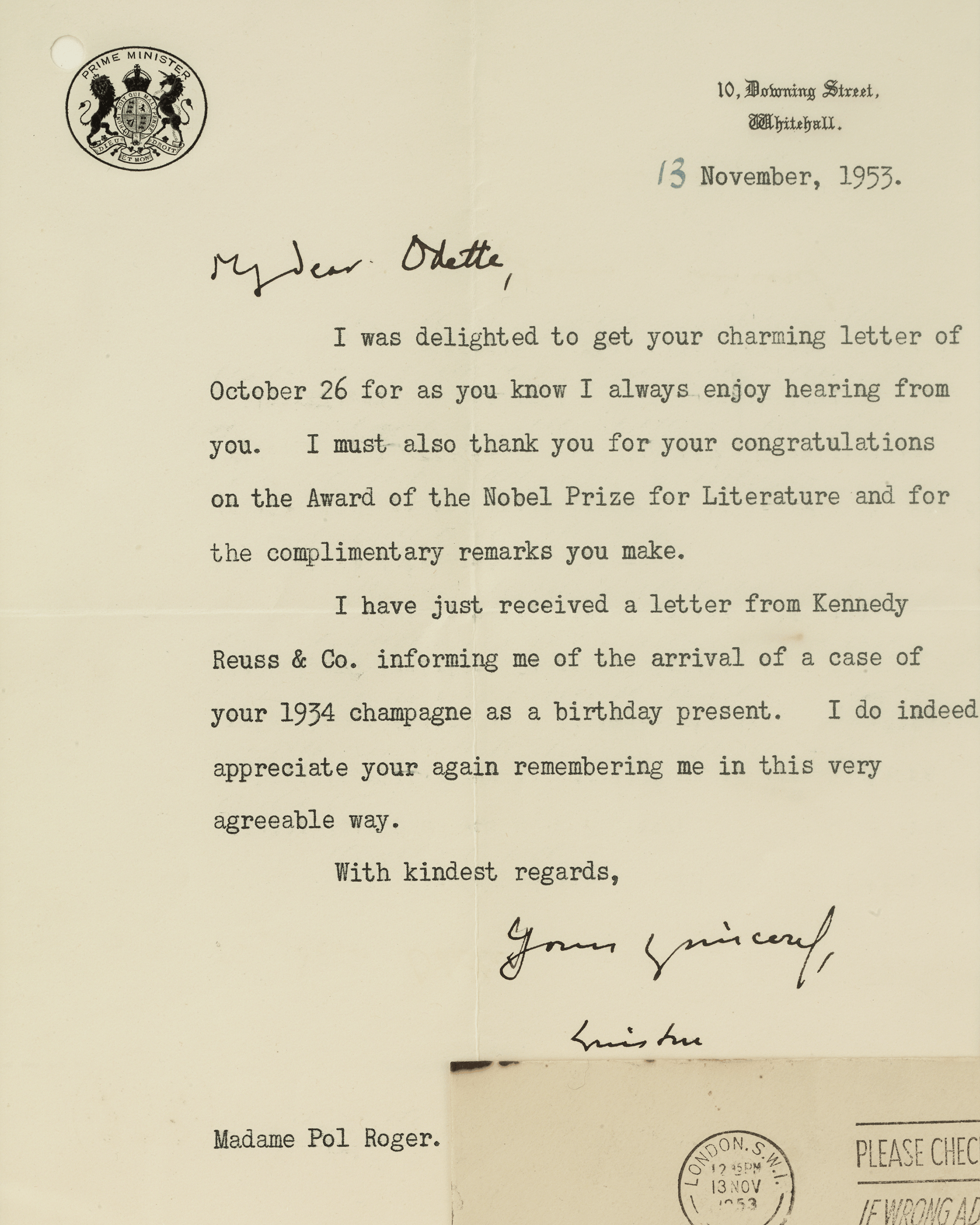 Winston Churchill Nobel Prize and Champagne Letter