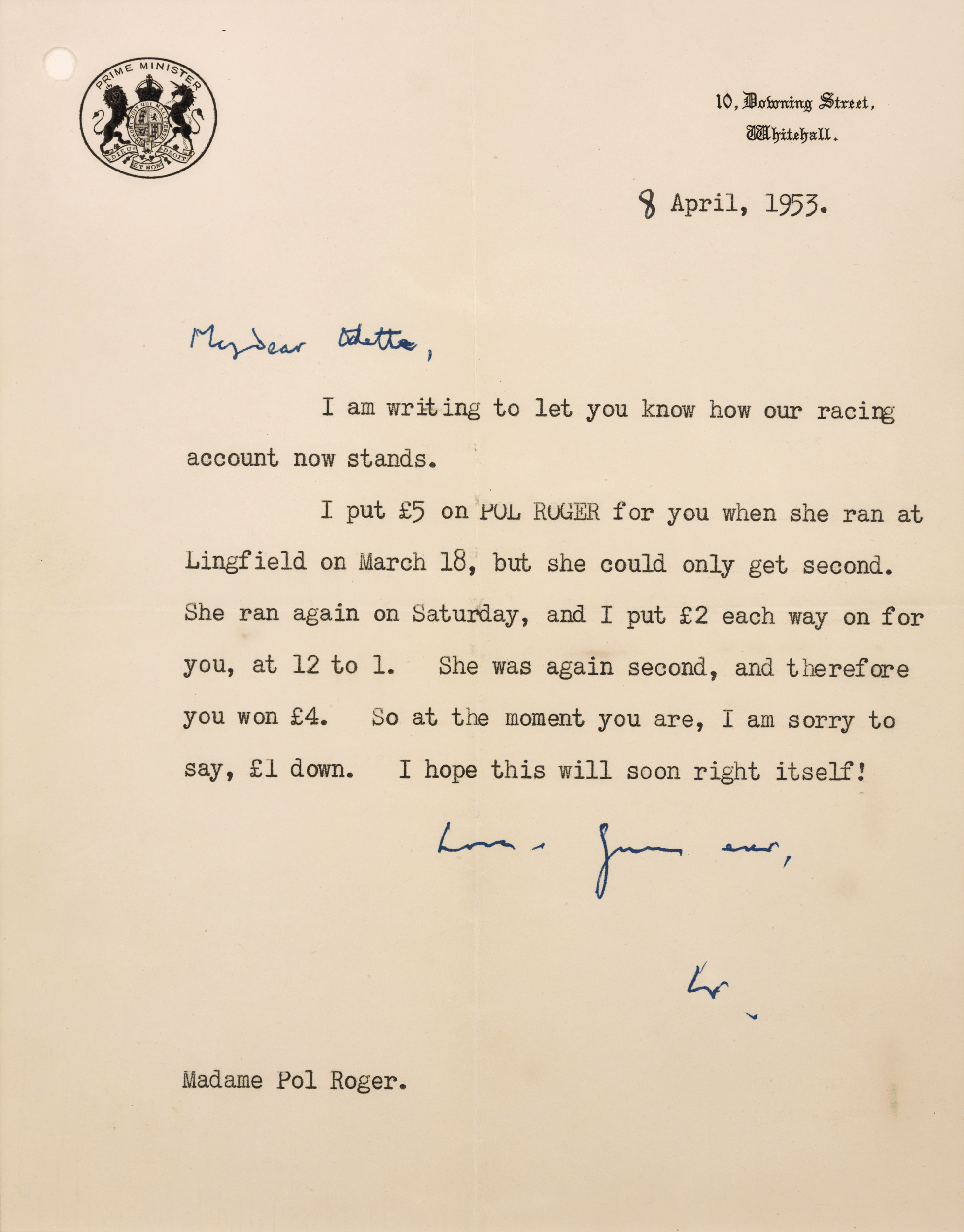 Winston Churchill Racehorse Letter