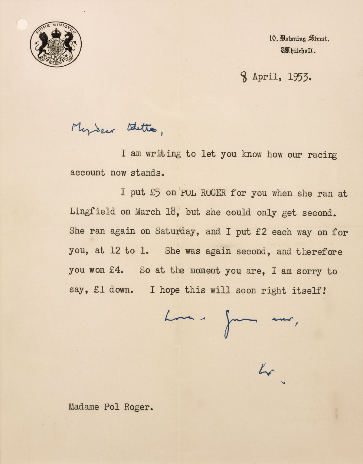 Winston Churchill Racehorse Letter