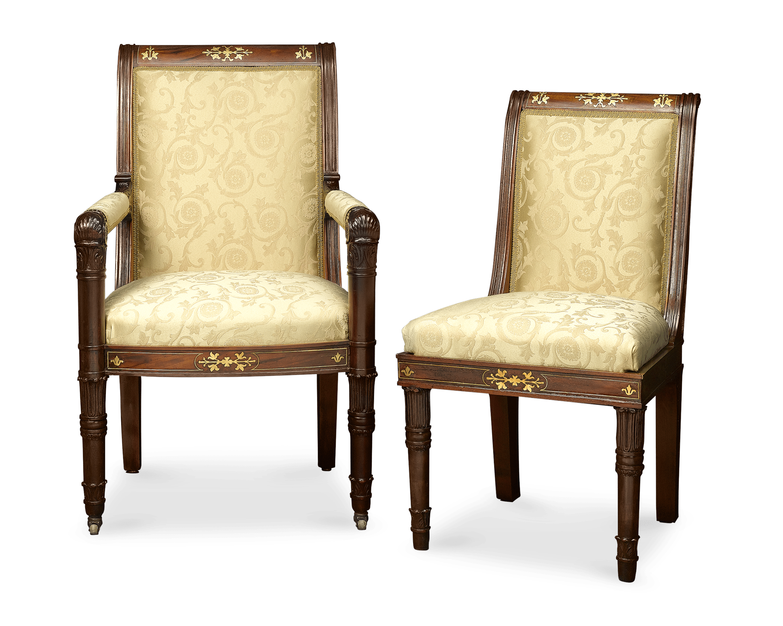 The 12 stately Neoclassical chairs are all upholstered in rich, cream-colored brocade