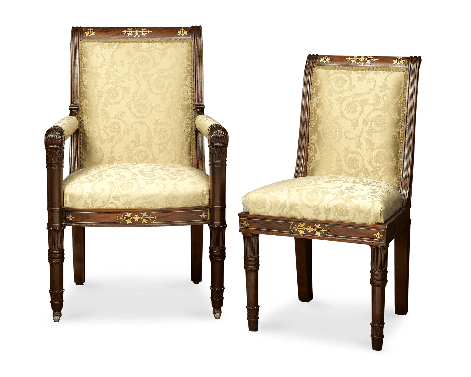 The 12 stately Neoclassical chairs are all upholstered in rich, cream-colored brocade