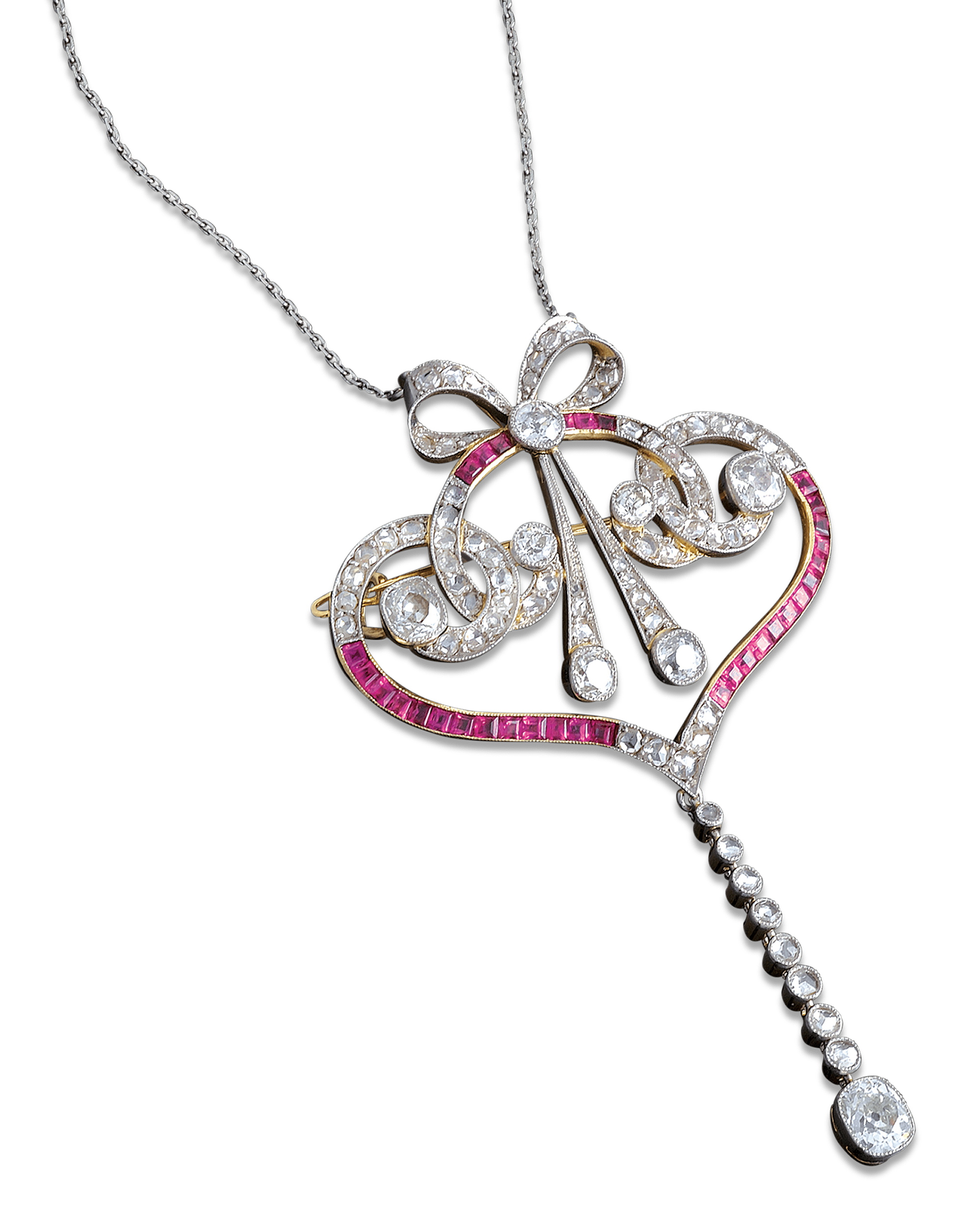 The elegance and refinement of the Edwardian period resonates in this diamond and ruby drop pendant