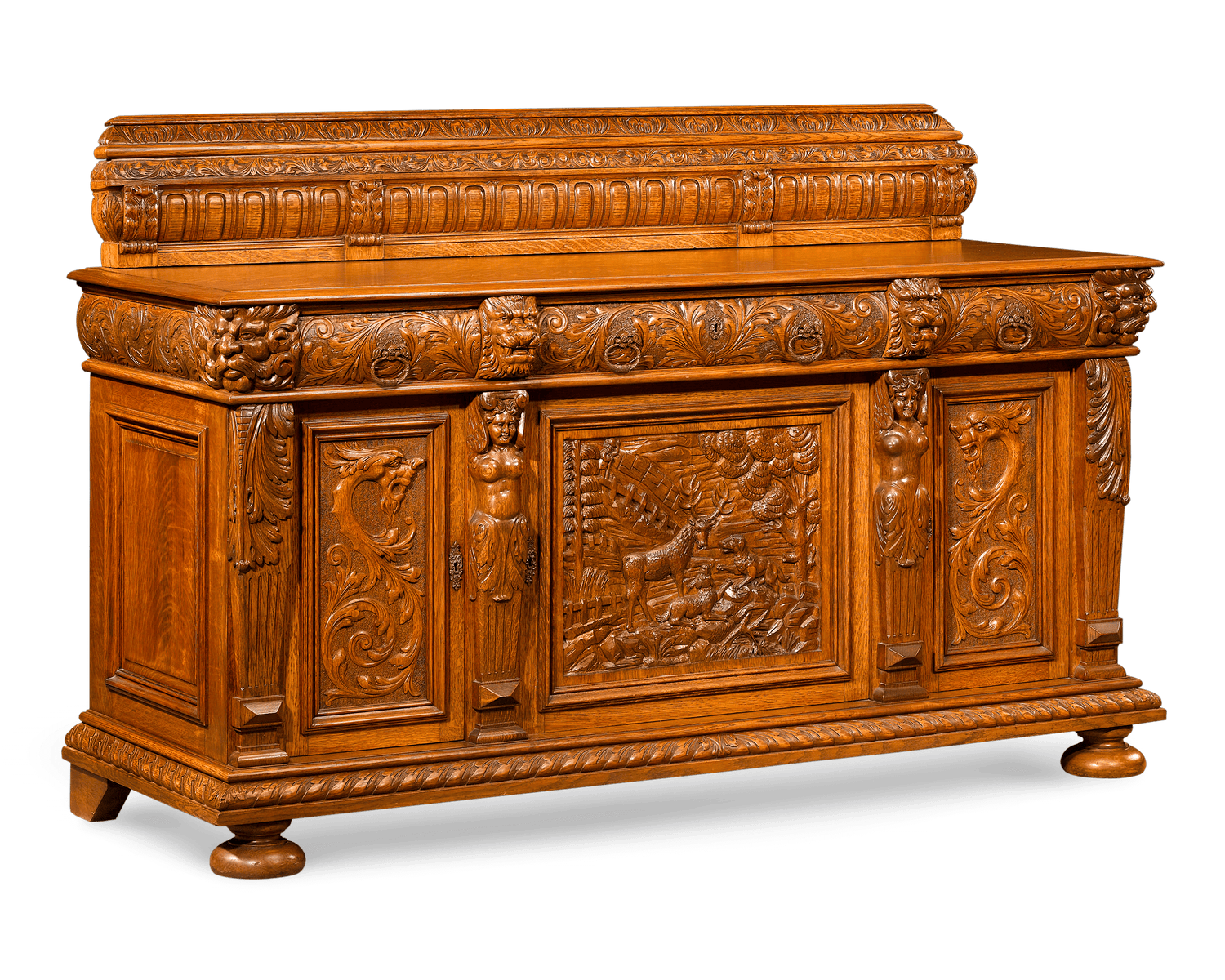 A superb carved hunt scene is the focus of this amazine sideboard