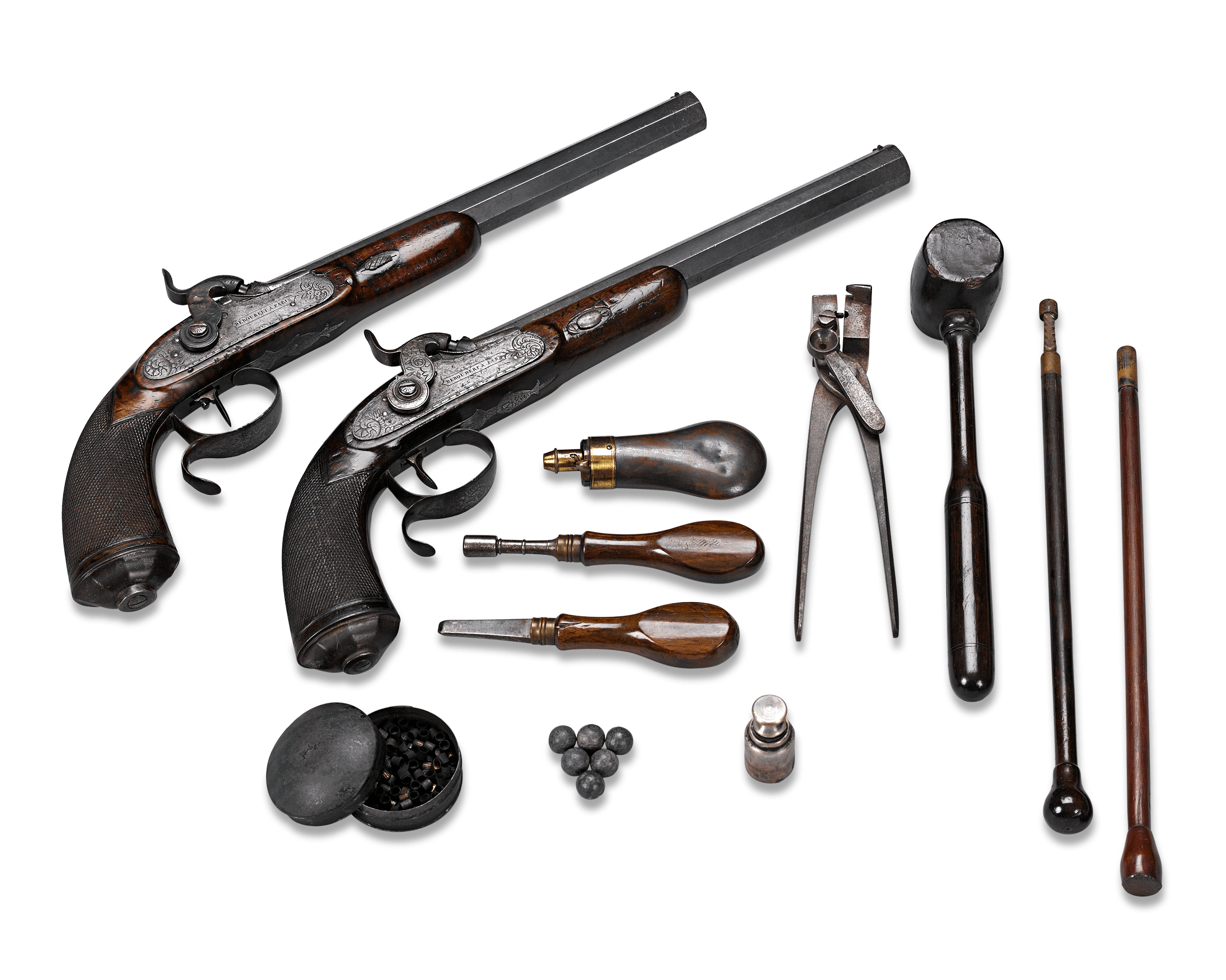 It is seldom that a pair of 19th-century dueling pistols are found in such complete condition