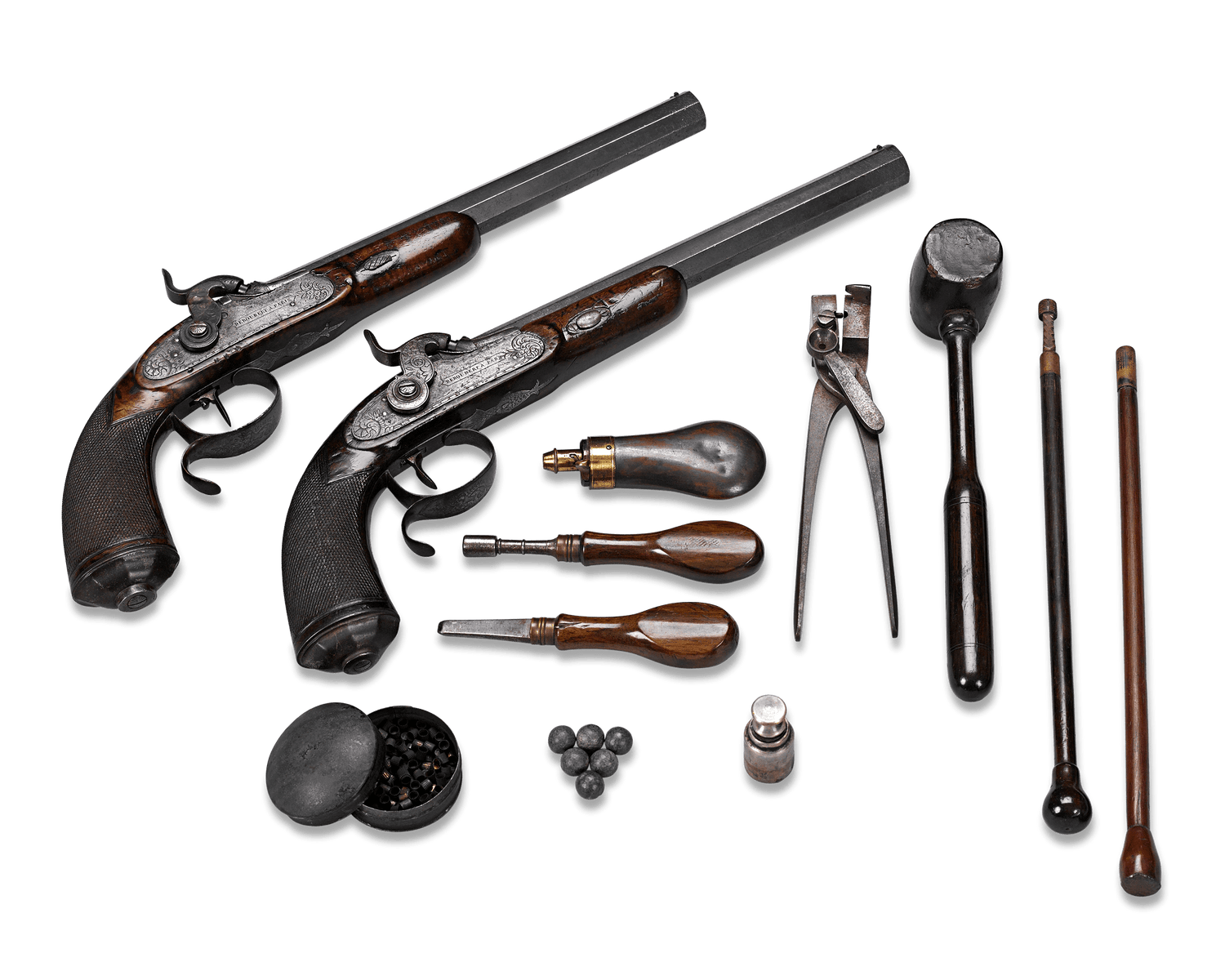 It is seldom that a pair of 19th-century dueling pistols are found in such complete condition