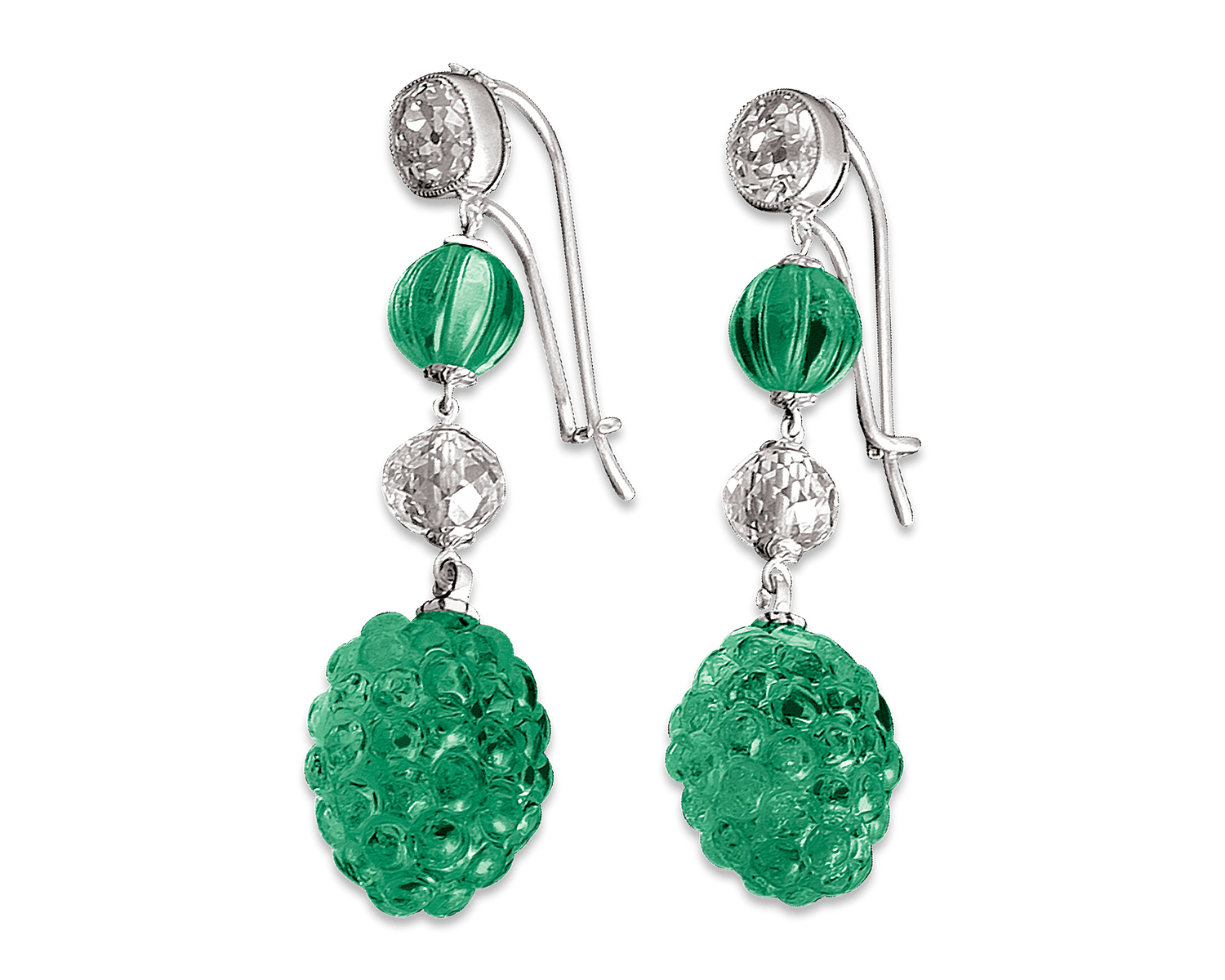 Carved Colombian Emerald & Diamond Earrings, 19.17 Carats