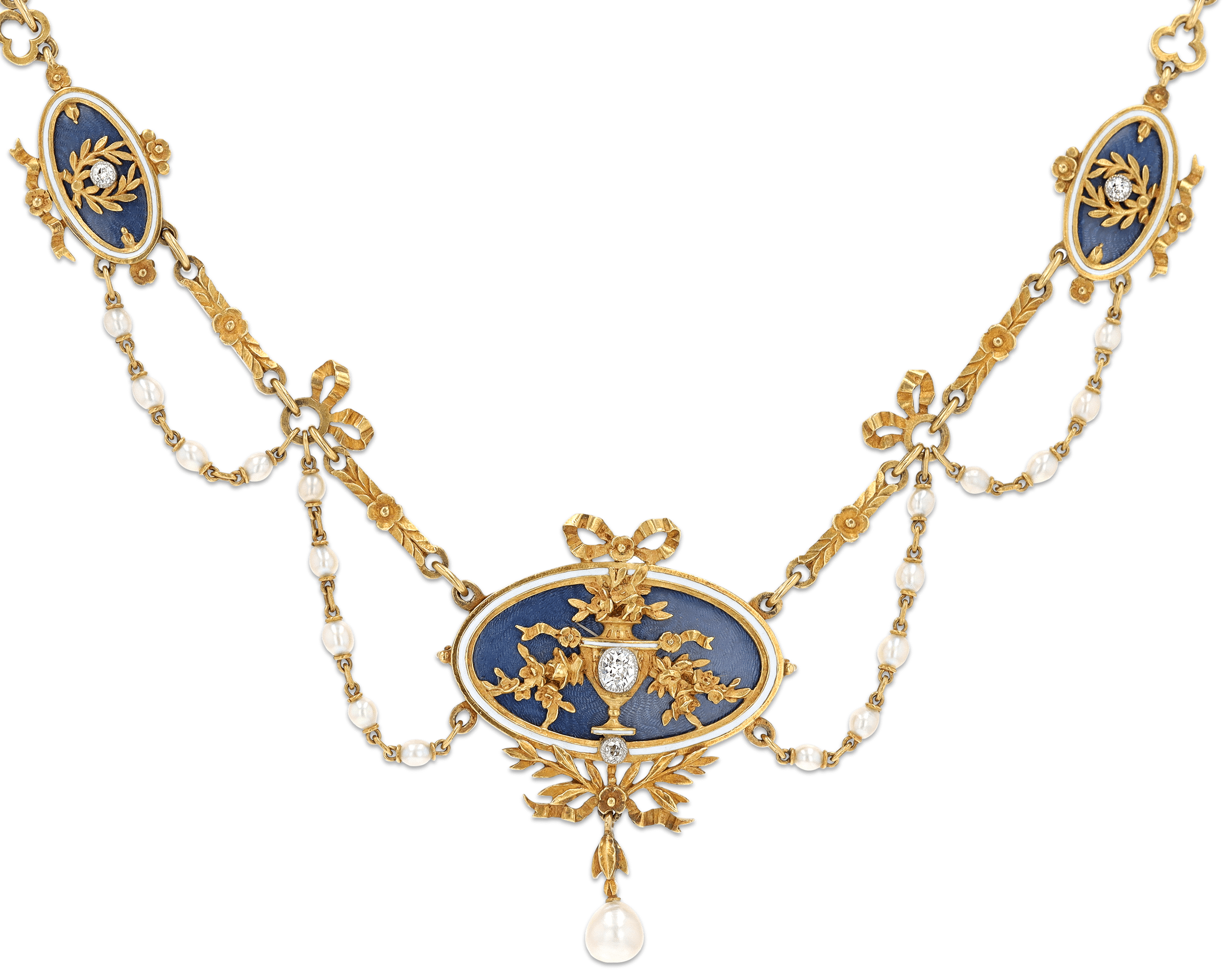 Art Nouveau Enamel, Diamond and Pearl Necklace