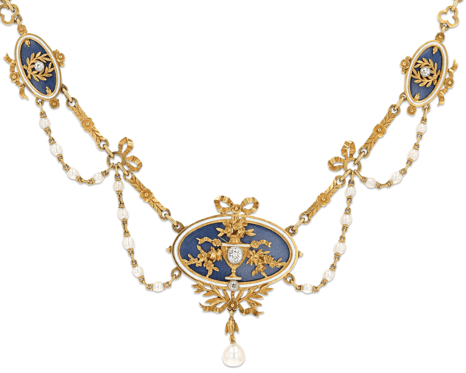 Art Nouveau Enamel, Diamond and Pearl Necklace
