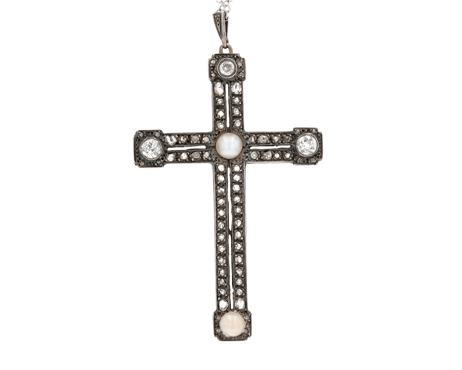 Edwardian Pearl and Diamond Cross Pendant