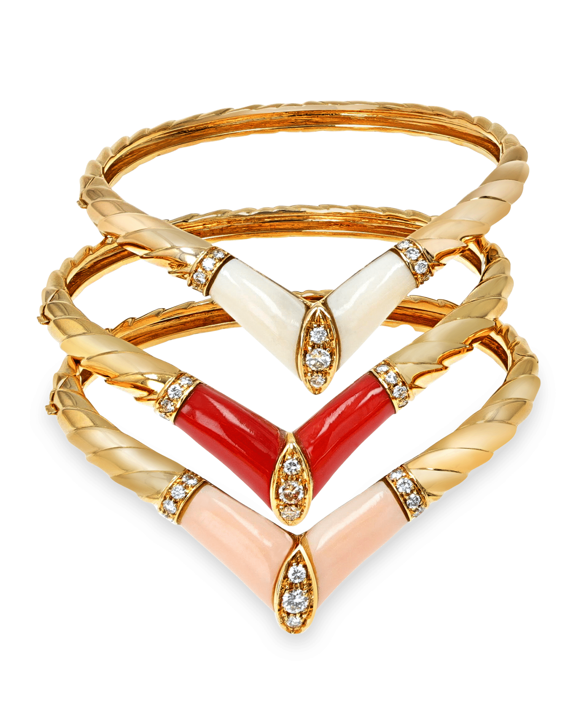 Coral and Diamond Bangle Bracelet Set
