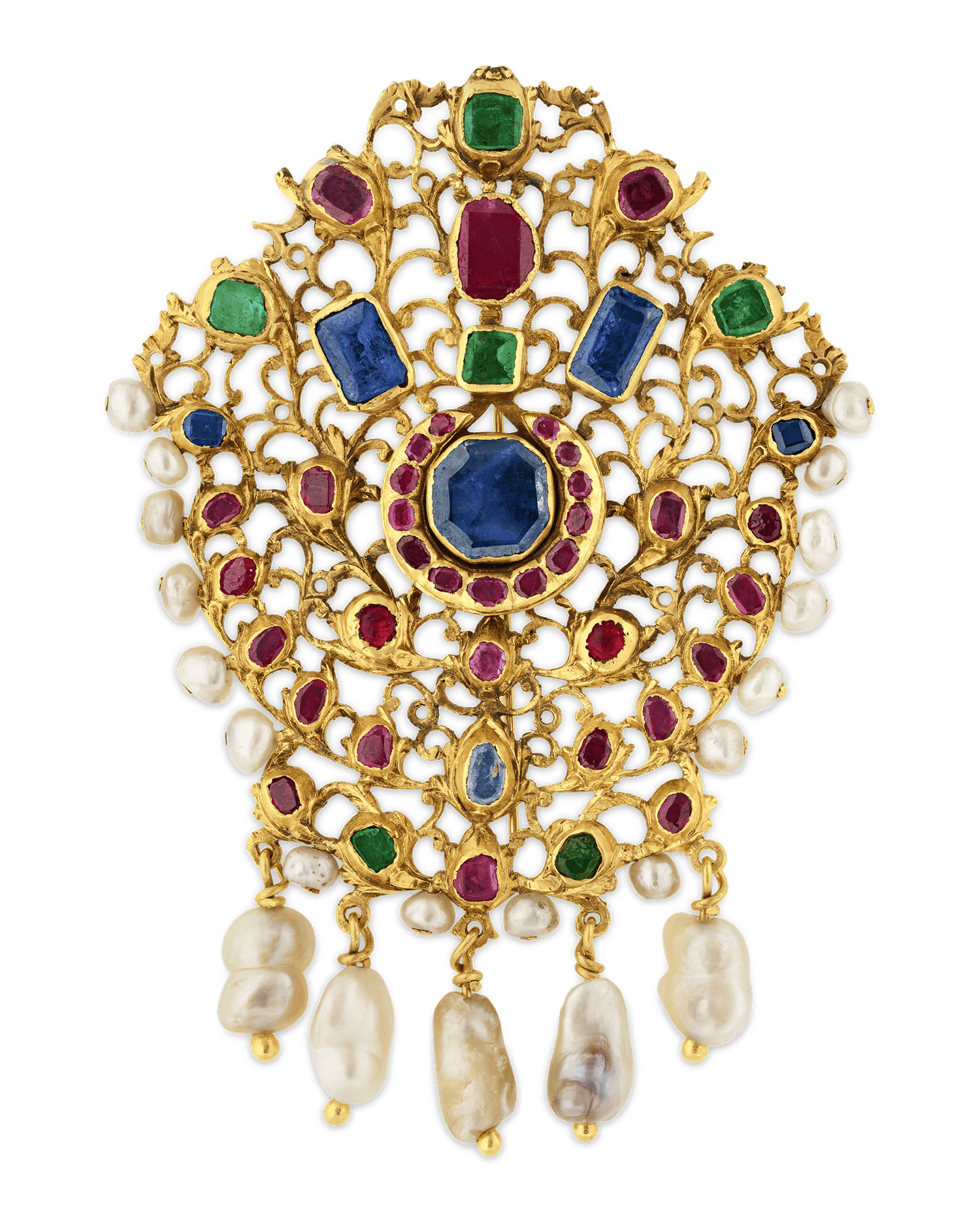 Mughal Colored Gemstone and Pearl Pendant Brooch