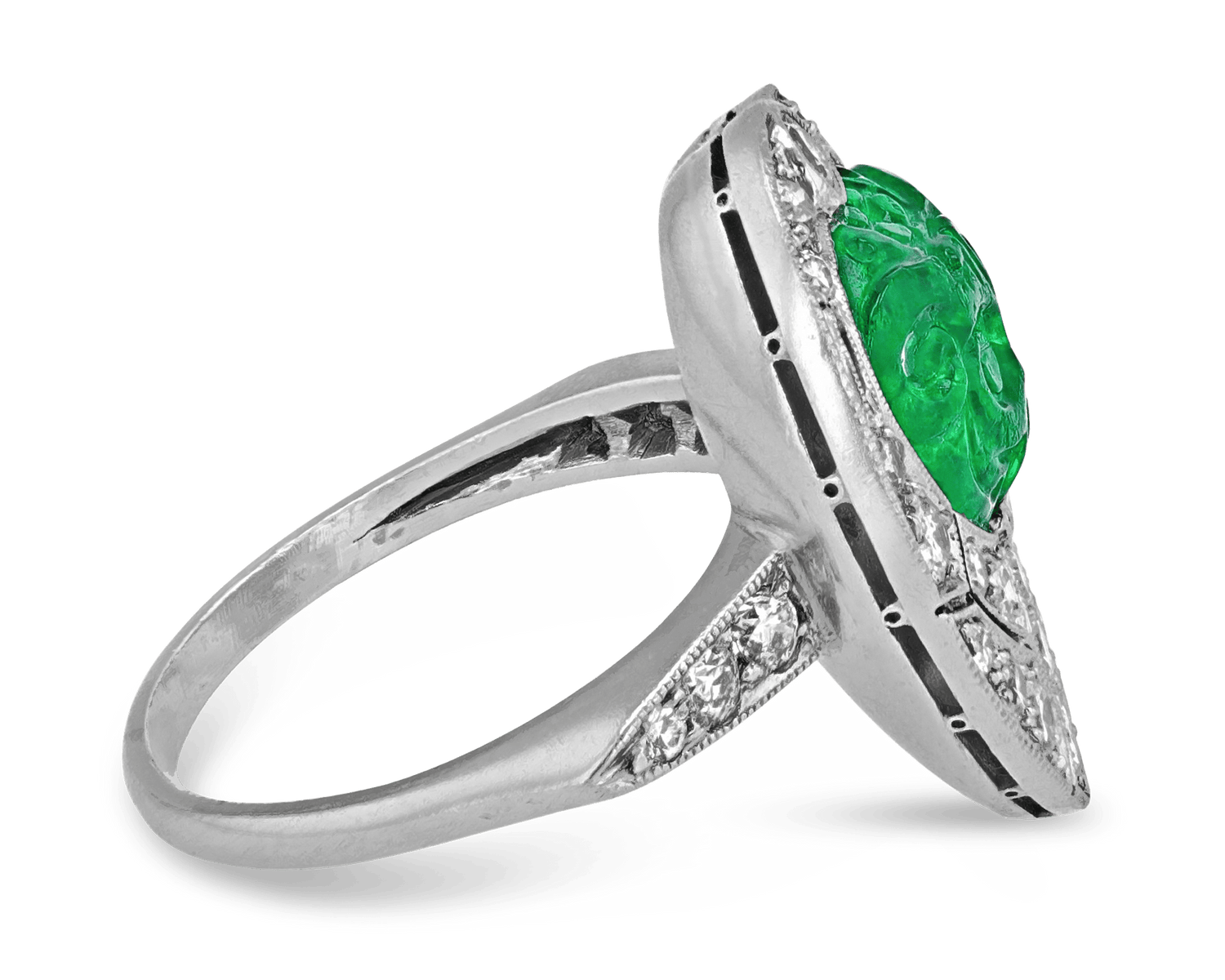 Art Deco Carved Emerald and Diamond Ring