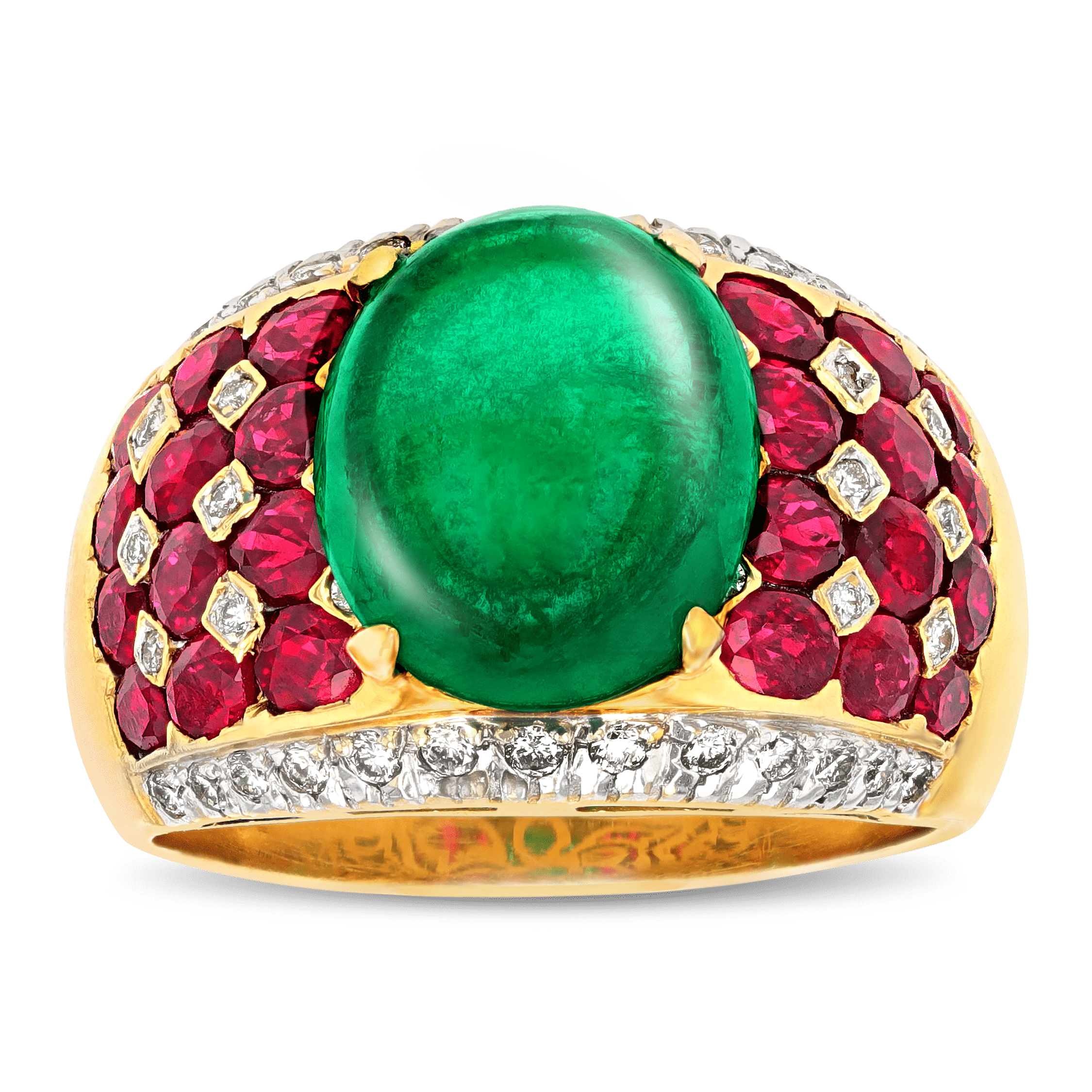Cabochon Emerald, Ruby and Diamond Ring