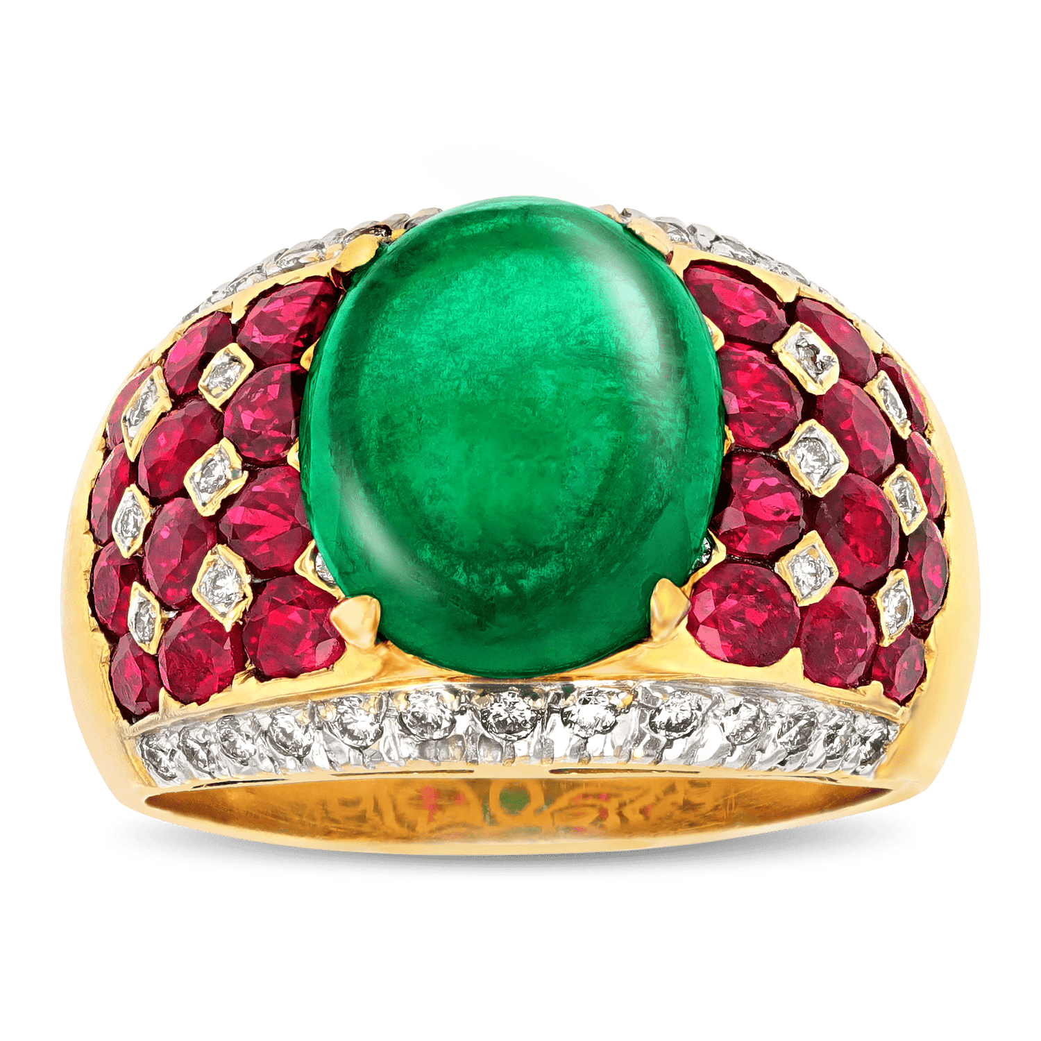 Cabochon Emerald, Ruby and Diamond Ring