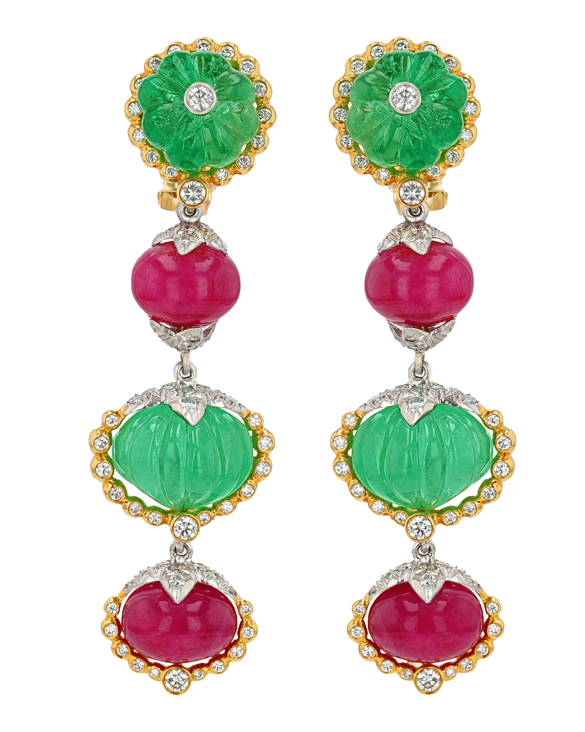 David Webb Emerald, Ruby and Diamond Earrings