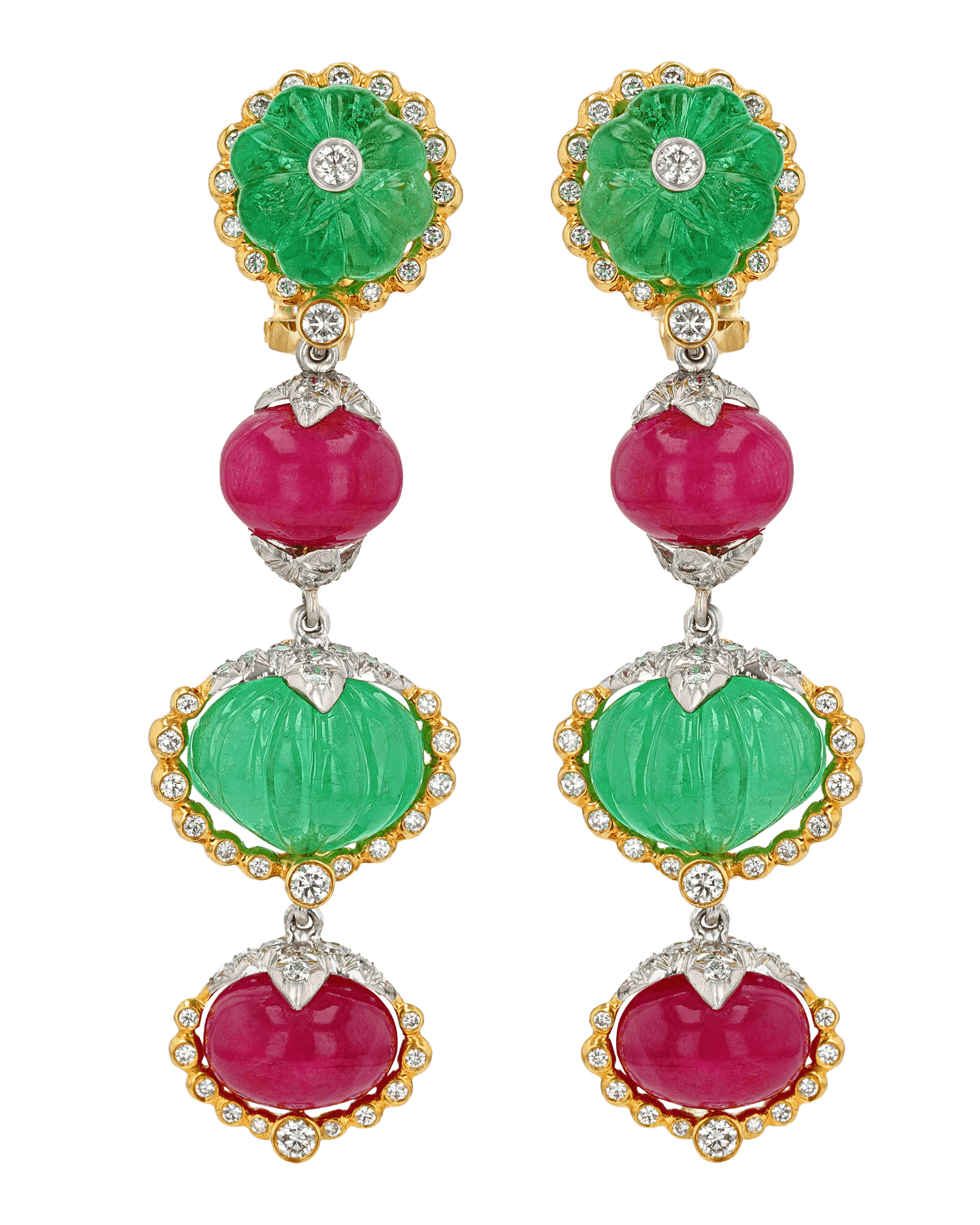 David Webb Emerald, Ruby and Diamond Earrings